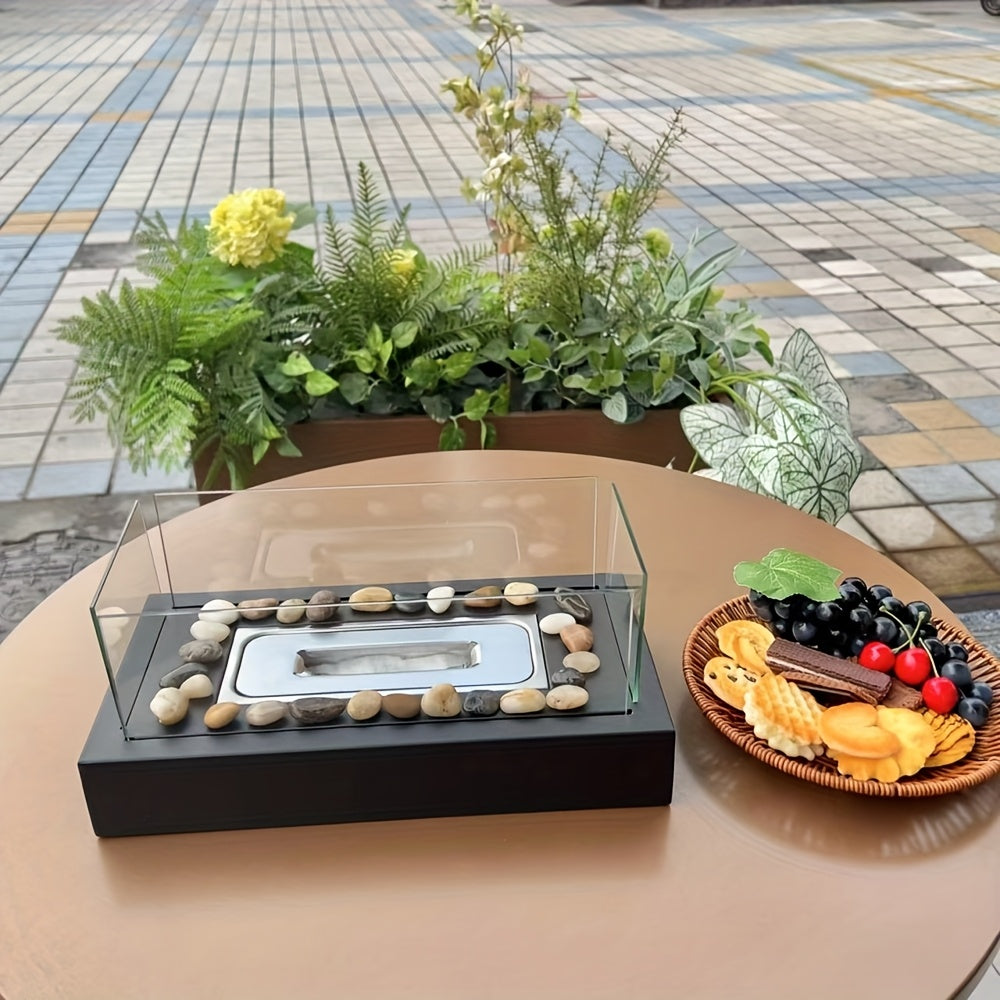 Portable Outdoor Fireplace Black Rectangular Four-Panel Glass Tabletop Heating for Courtyard Balcony Camping