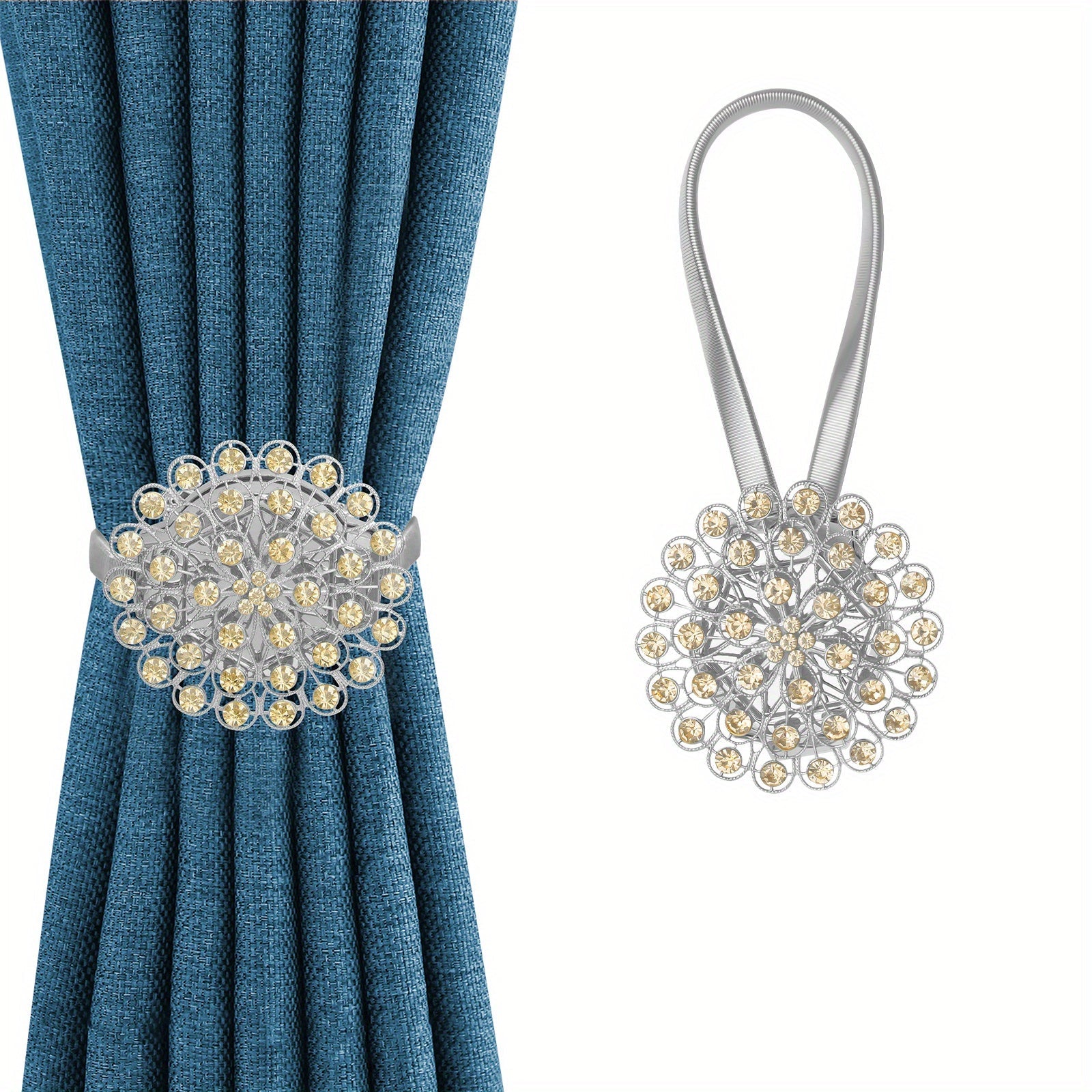 Magnetic Curtain Tieback with Crystal Flower and Elastic Spring Wire for Home Office