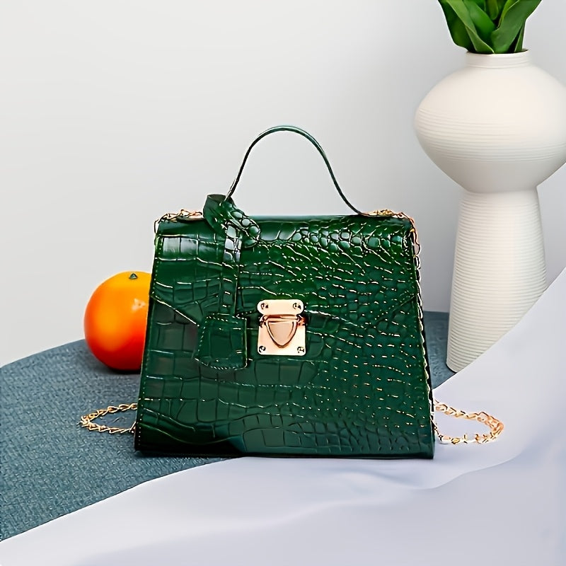 Women's Crocodile-Embossed Satchel Bag with Detachable Chain Strap and Twist Lock Closure in Black White Green Light Brown