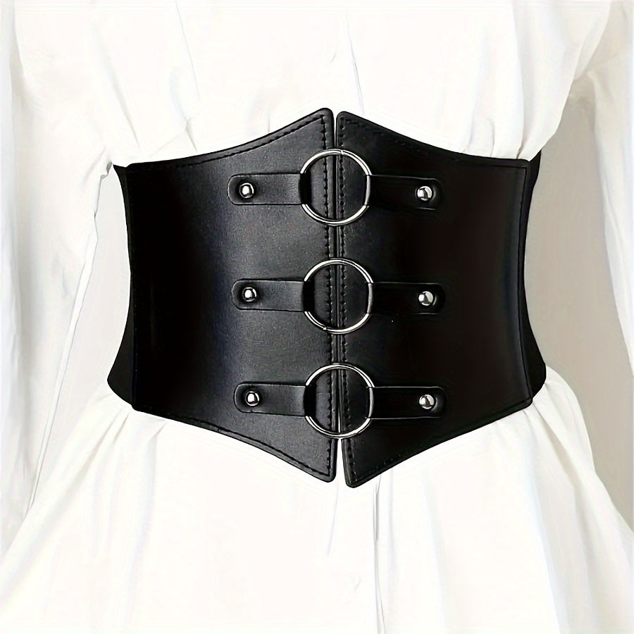 Women's Punk Rivet Studded Corset Belt Elastic PU Leather Waistband for Dress or Coat