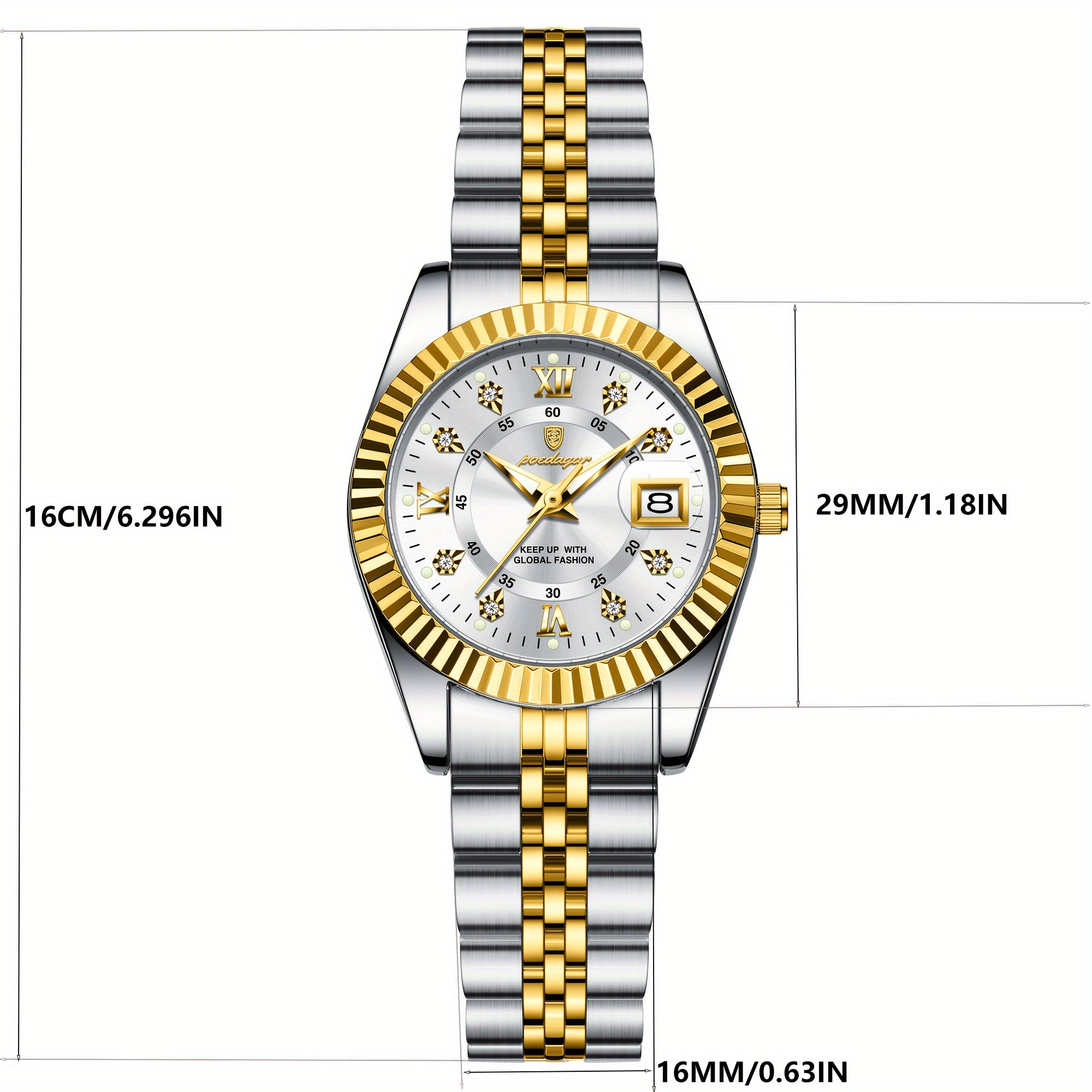 Women's Quartz Wrist Watch with Luminous Dial Stainless Steel Band Water Resistant Business Style