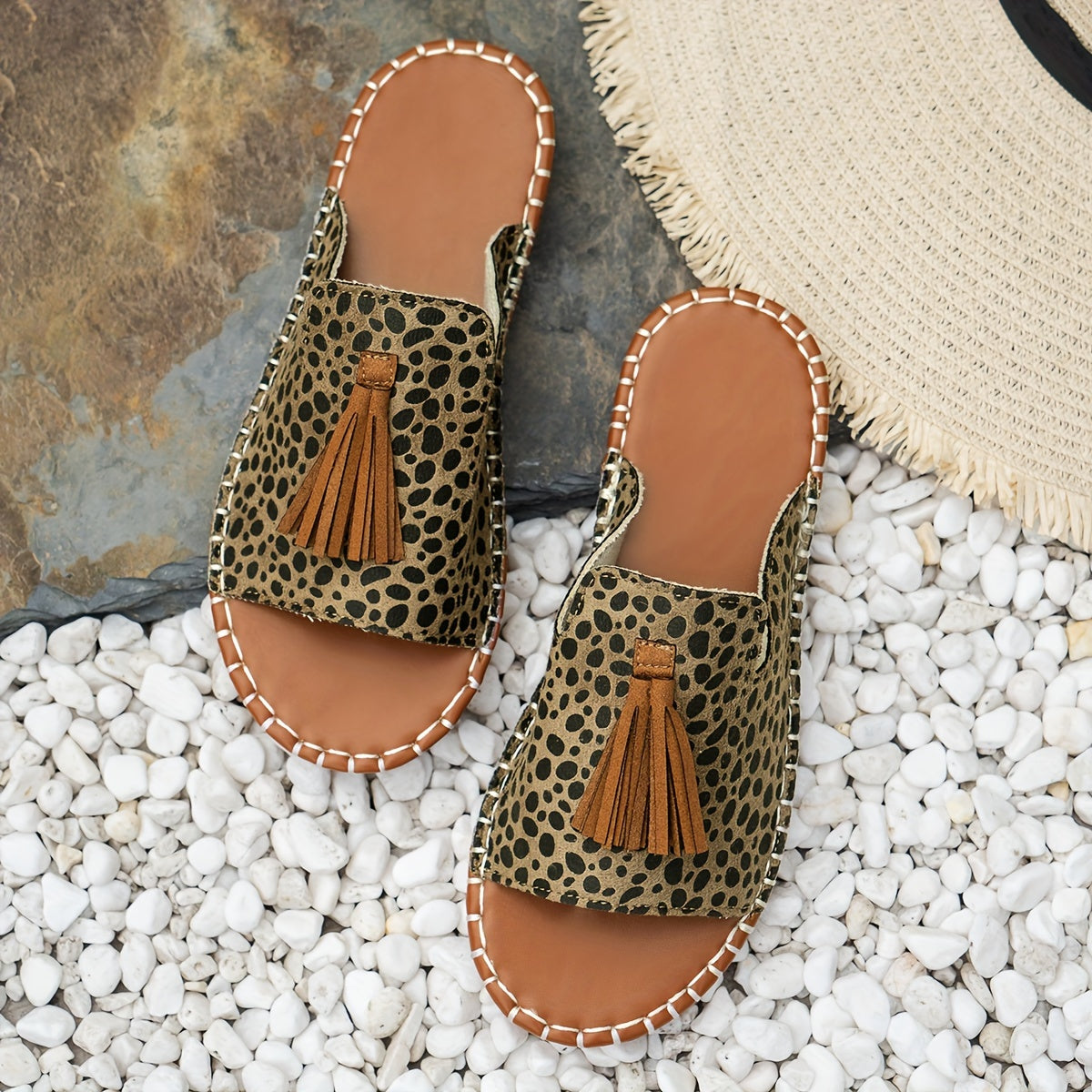 Women's Leopard Print Flat Slides Peep Toe Summer Casual Sandals