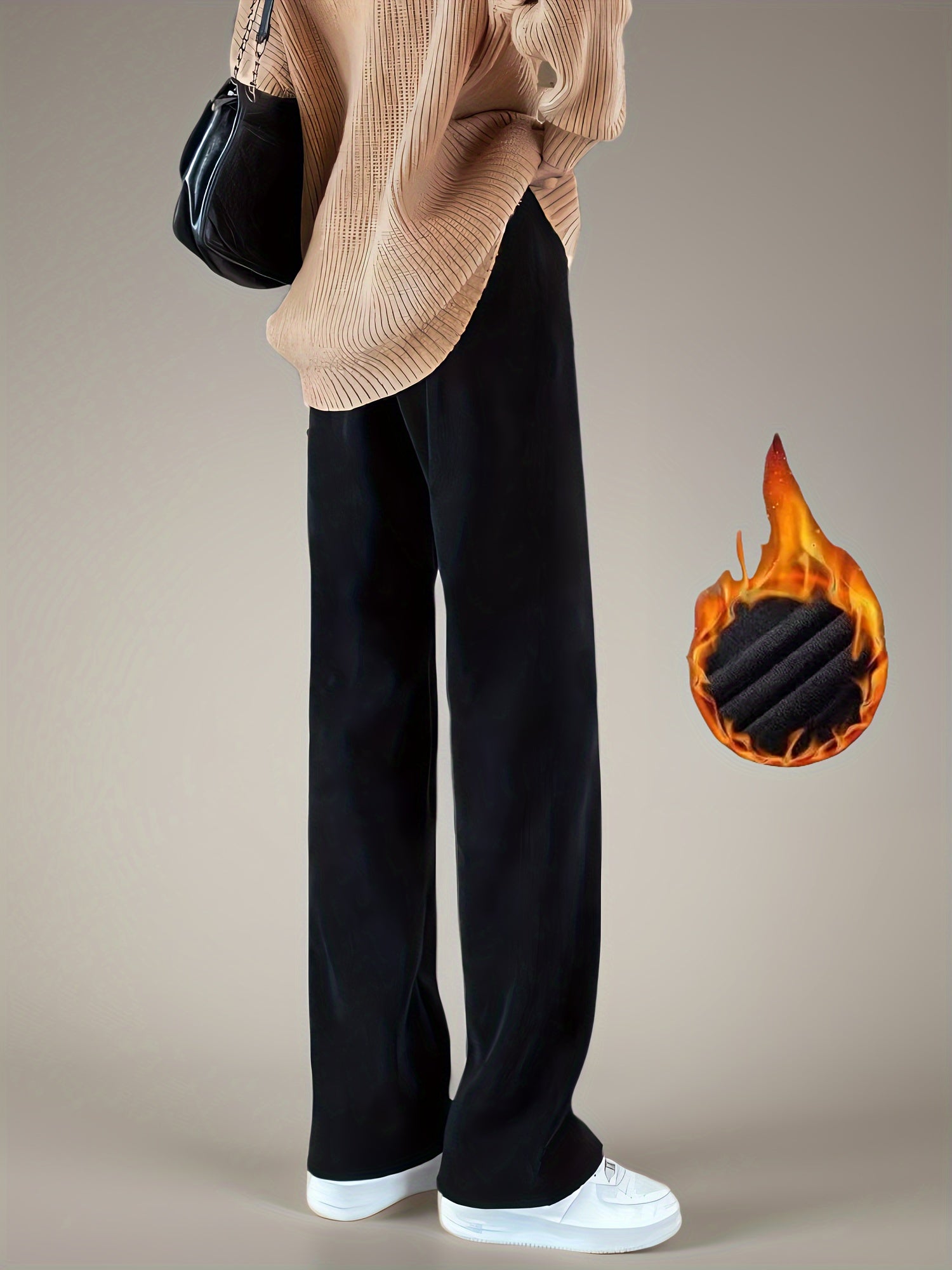 Women's Fleece-Lined High Waist Wide Leg Pants for Winter Casual Lounge Long Length