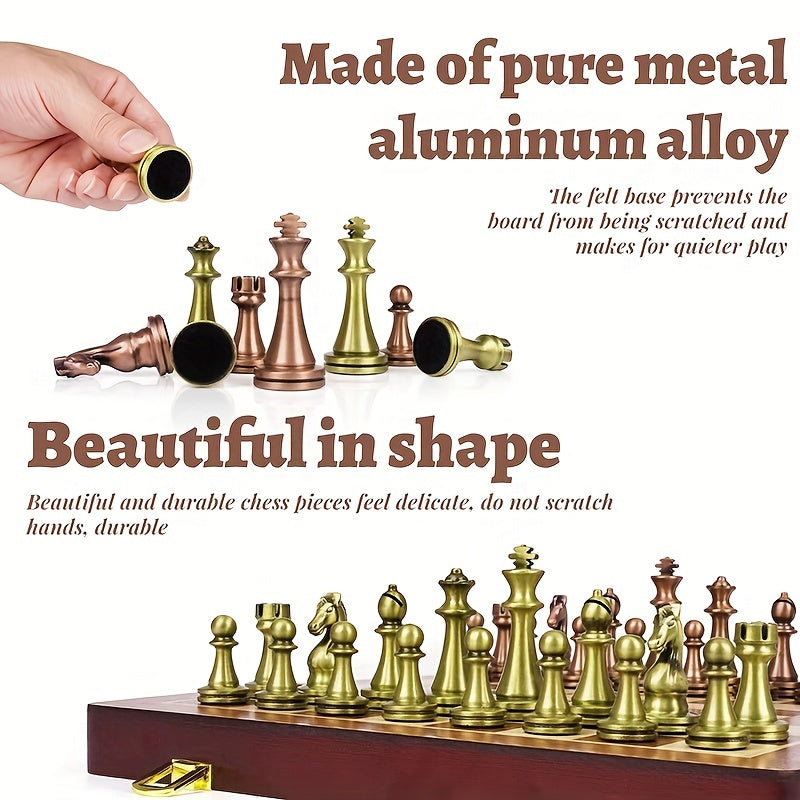 Foldable Chess Set with Zinc Alloy Pieces and Solid Wood Box for Ages 14+
