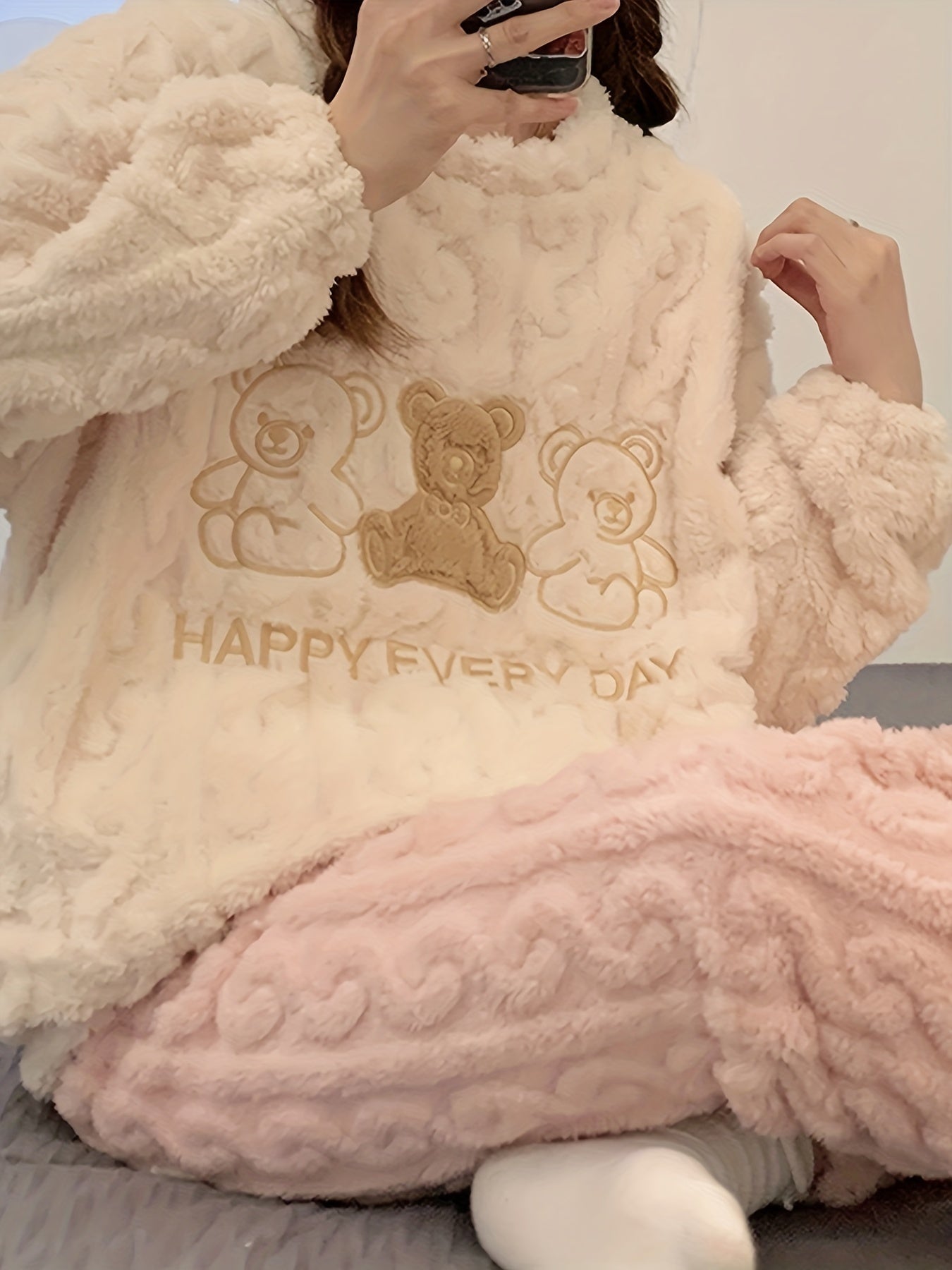 Women's Bear Print Fuzzy Pajama Set with Long Sleeve Top and Pants for Sleepwear and Loungewear