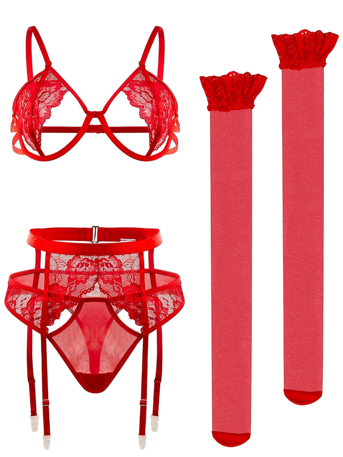Women’s Lace Lingerie Set 4-Piece Solid Color Garter Belt and Suspender