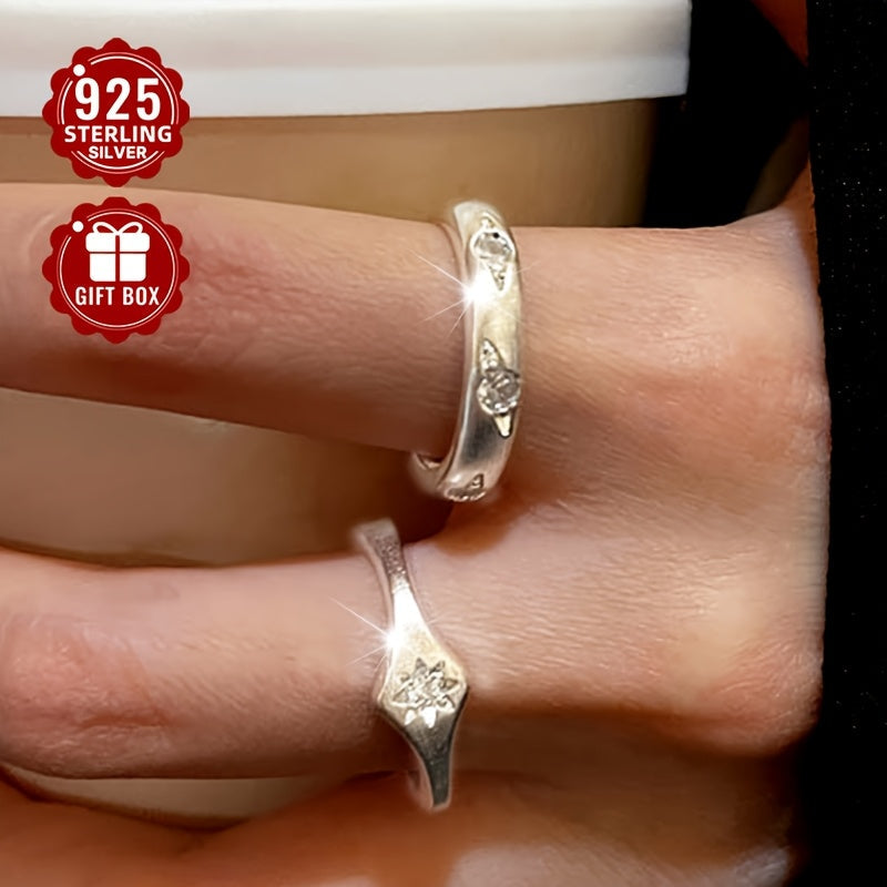 Sterling Silver Star Ring for Women Cubic Zirconia Adjustable Engagement Wedding Jewelry
