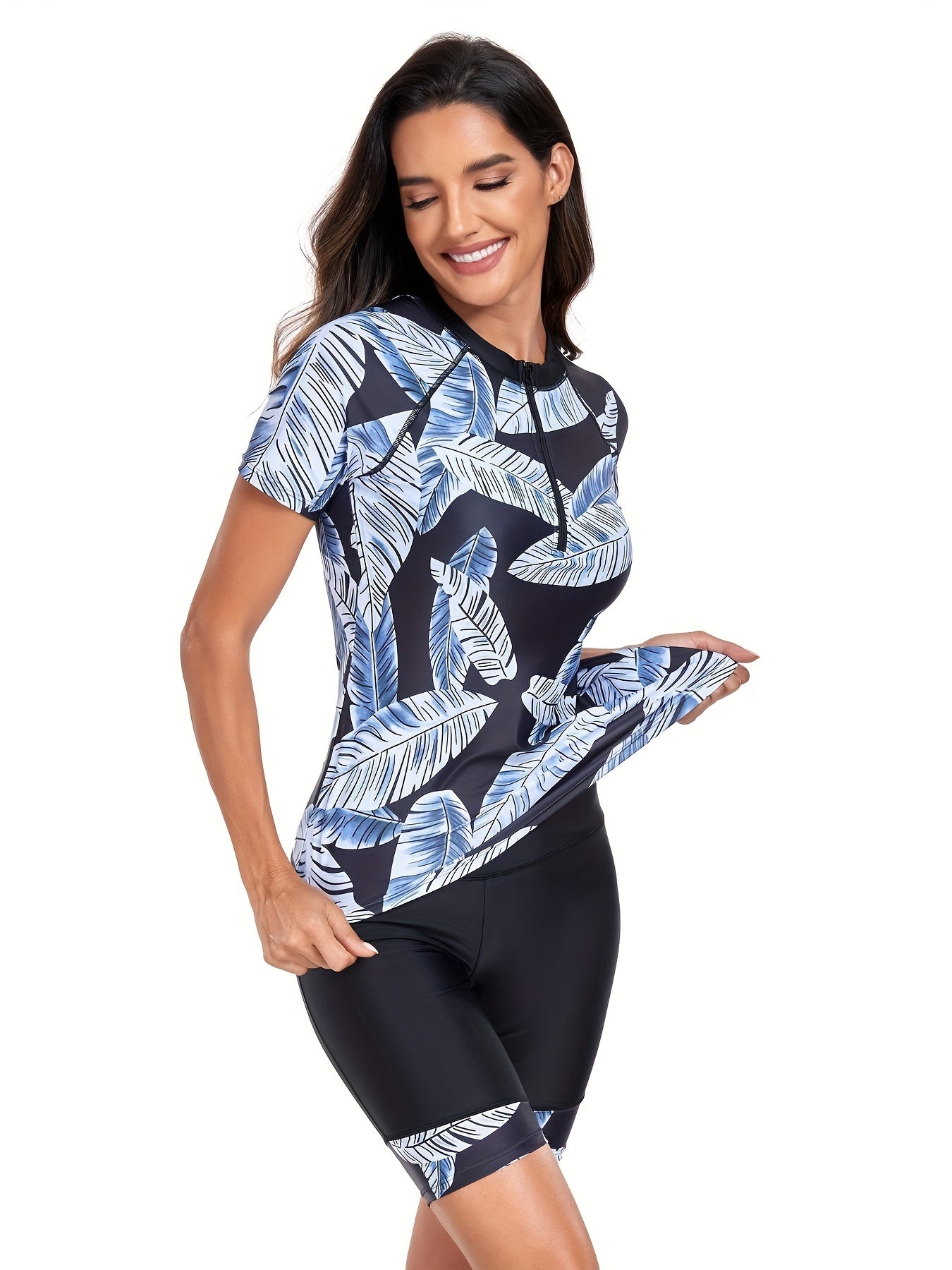 Women's Leaf Print Swimsuit Two-Piece Short Sleeve Zipper Boxer Swimwear