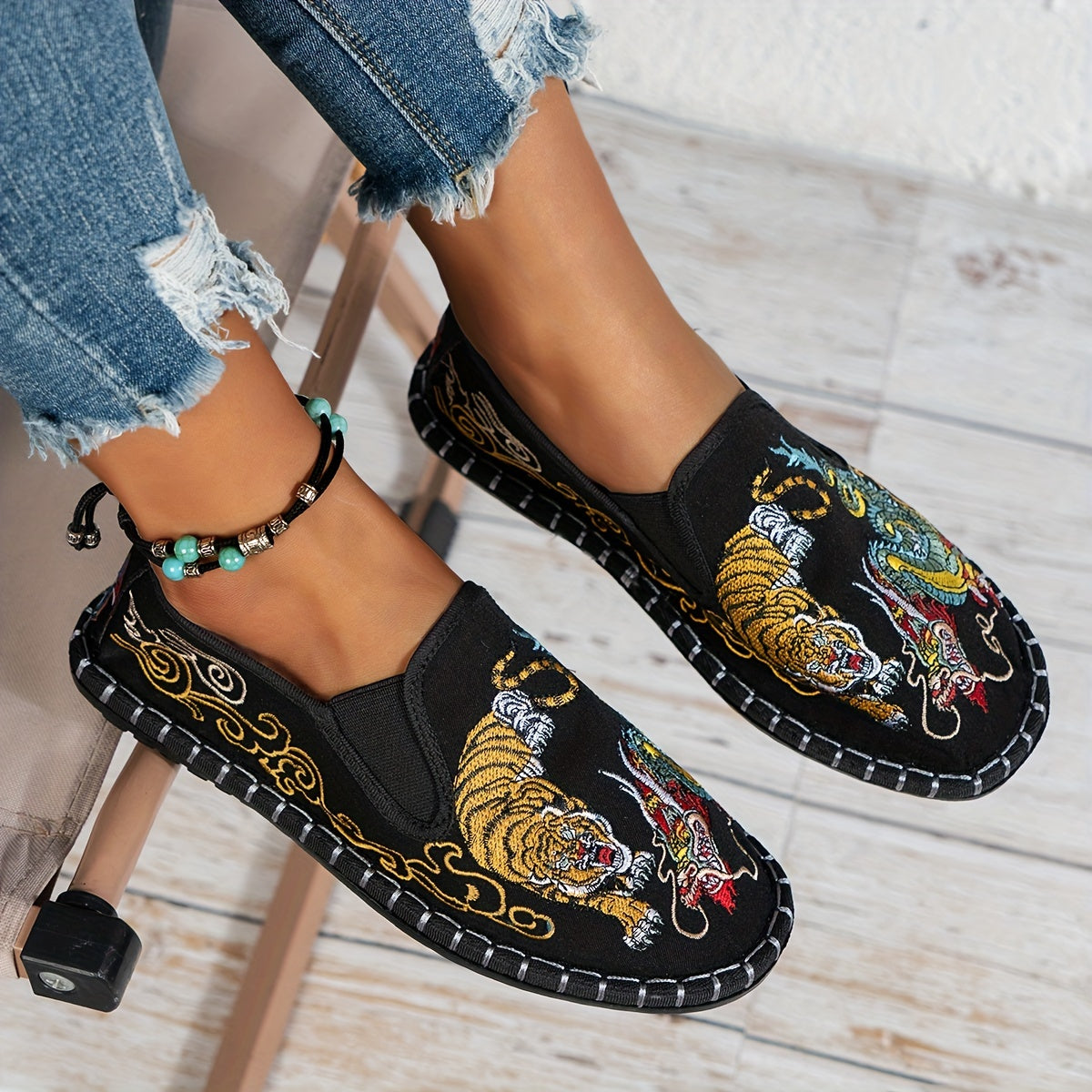 Women's Embroidered Animal Print Slip-On Flats Blue and Gold