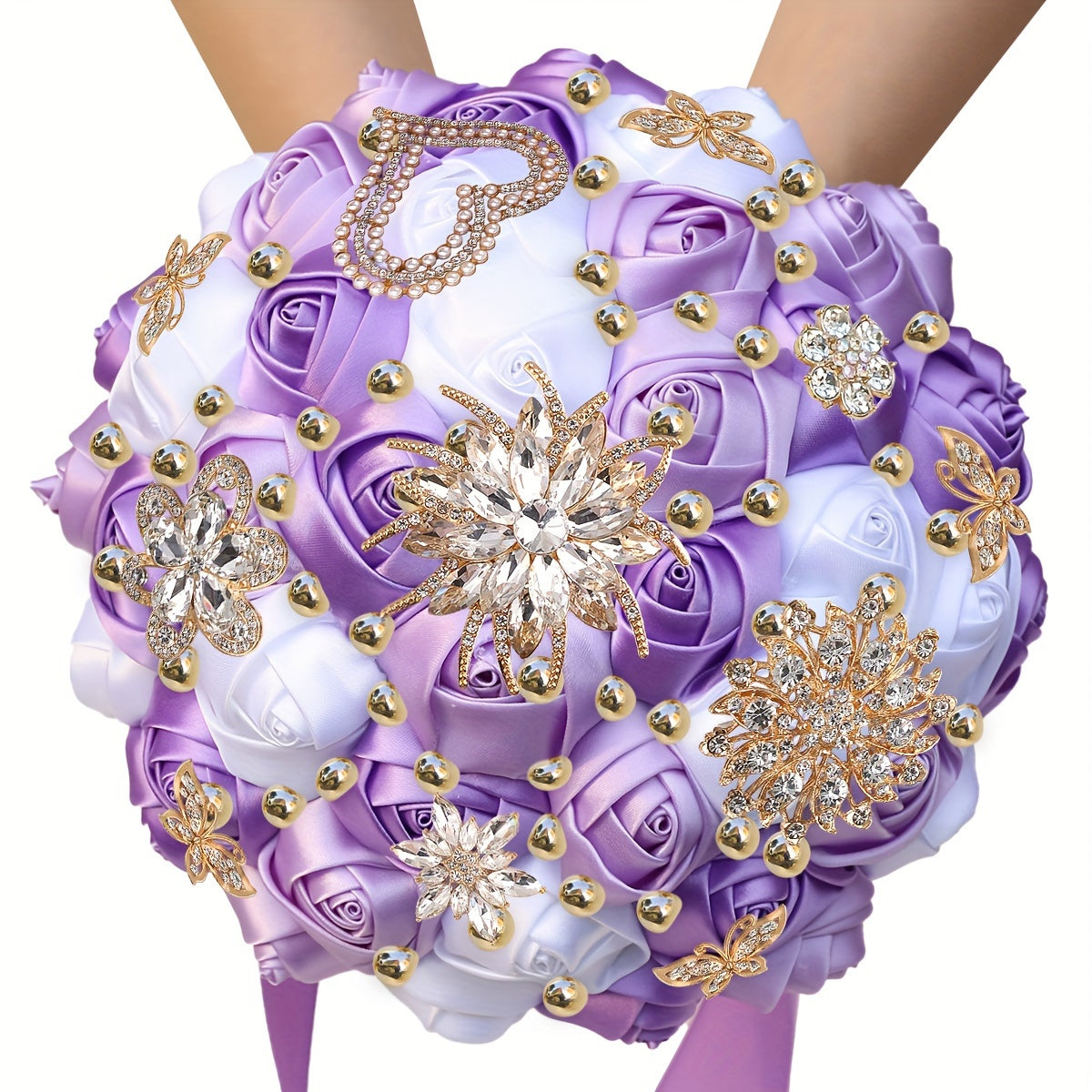 Qoʻlda tayyorlangan güllü toʻylik buketi, satinning gullari, rhinestonelar, marjon bezaklari, toʻy sovgʻasi