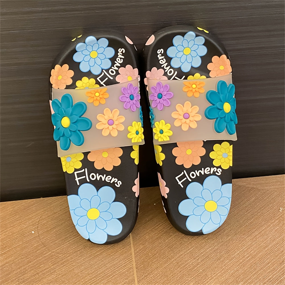 Women's Daisy Slides Soft Non-Slip Indoor Summer Slippers Black Floral