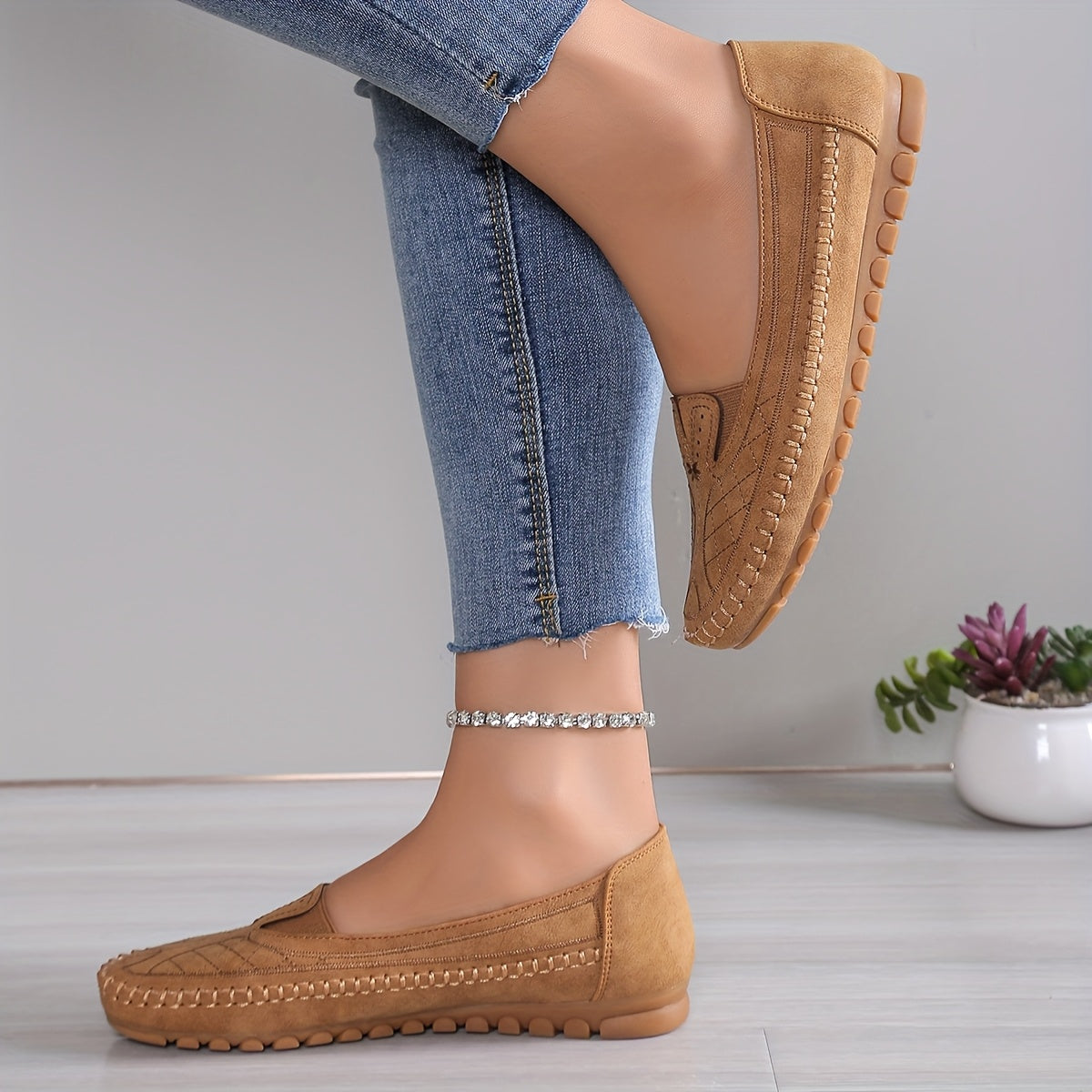 Women's Ballet Flats Faux Cover Slip-On Casual Shoes Cushioned TPR Sole