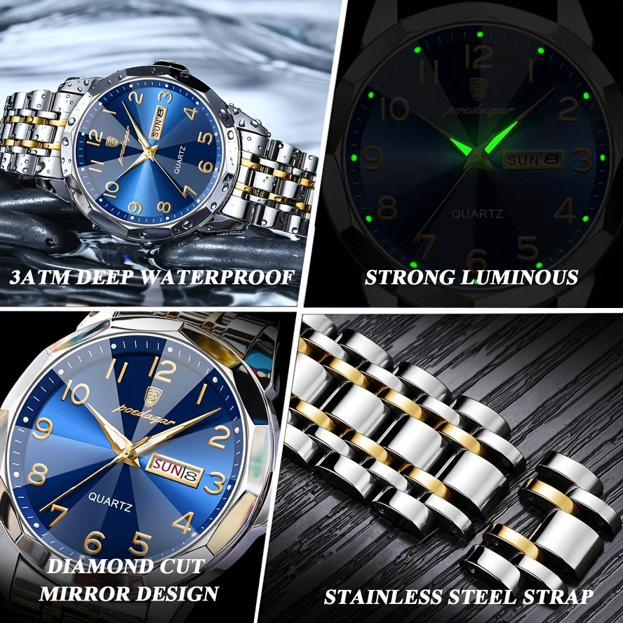 Men's Quartz Watch Dual Calendar Stainless Steel Strap Business Style