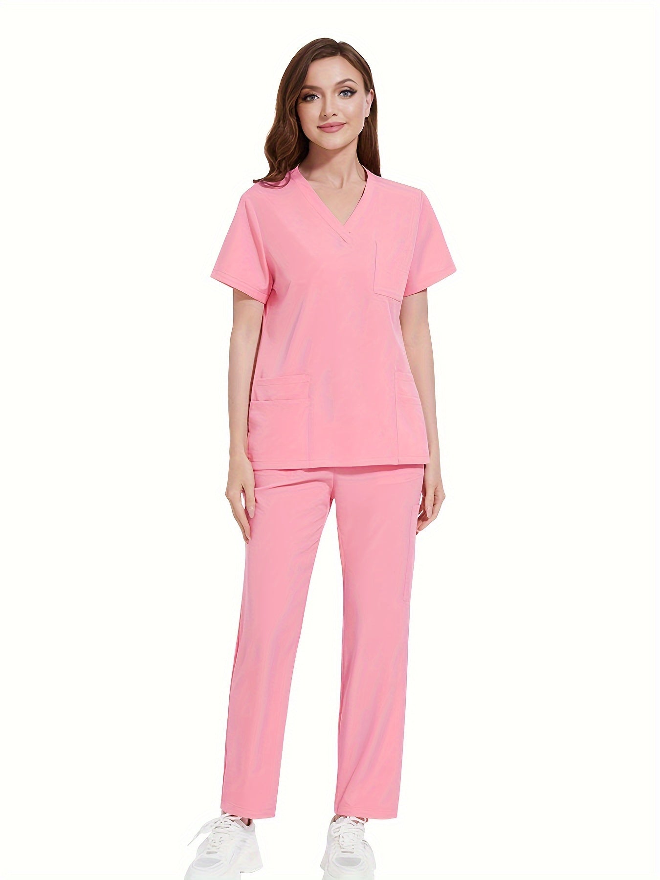 Polyester Spandex Scrubs Set with V-Neck Shirt and Straight-Leg Pants for Nurses and Surgeons