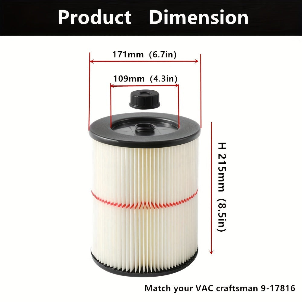 "Craftsman Shop Vac'ingizni Premium Qizil Chiziq Karton Filtri bilan yangilang. 18.93 L va undan katta nam/quruq vakuumlar uchun mo'ljallangan, bu filtr Model 17816 bilan mos keladi. Takomillashtirilgan qiyshiq dizayni bilan, u hayvonlarning terisi va..."