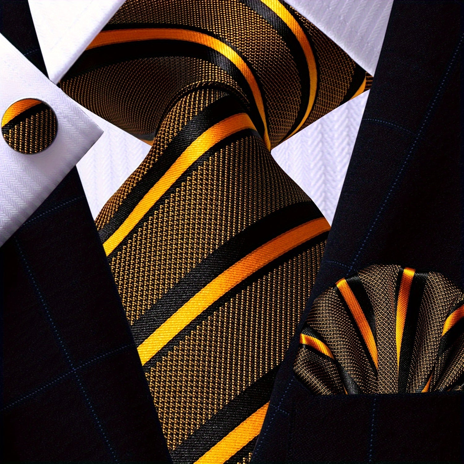 Men's Gold Accessories Set Tie Pocket Square Cufflinks for Weddings Business