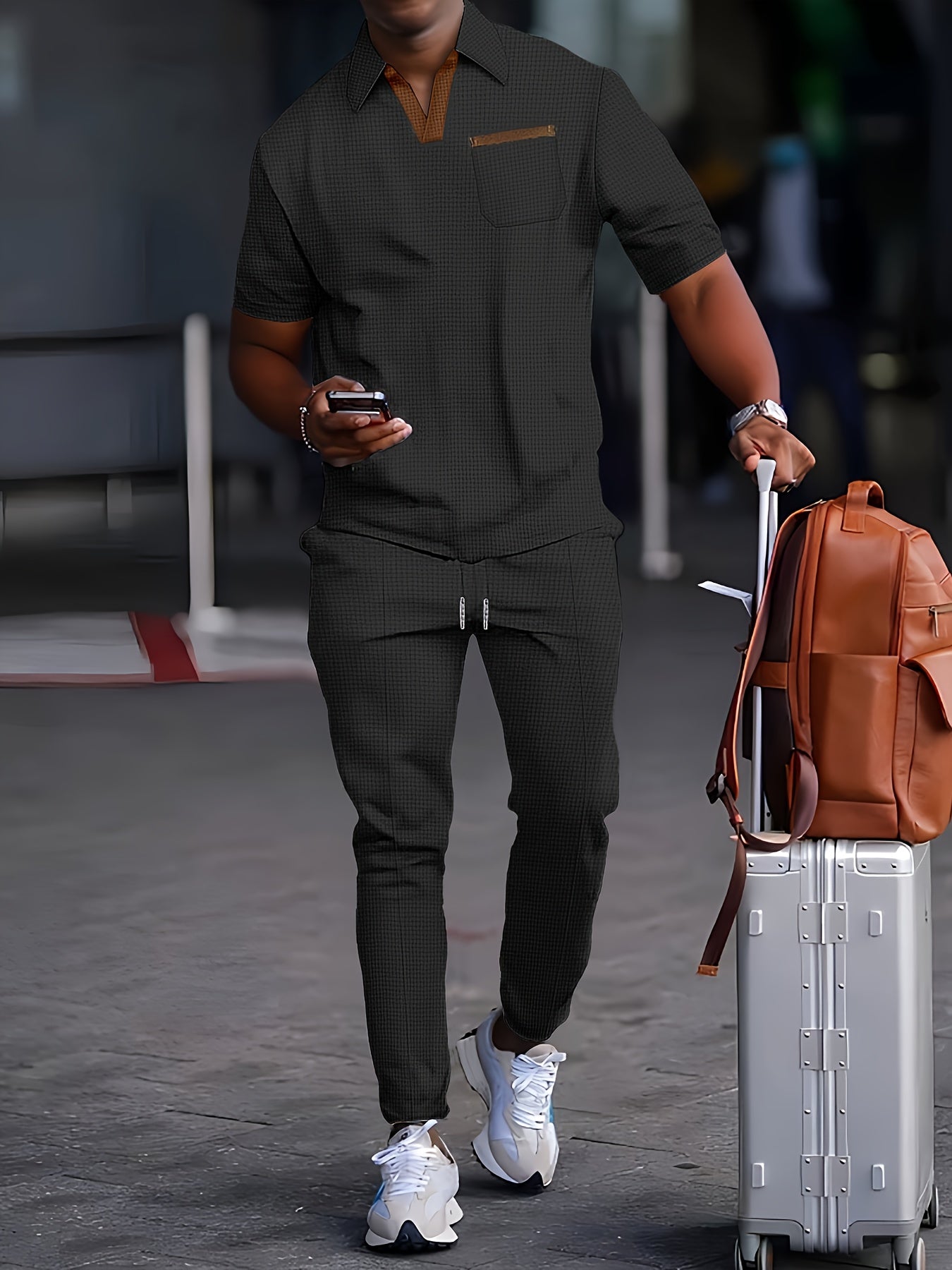 Men's Casual Set Waffle Collar Short Sleeve Top and Long Pants Solid Color Summer