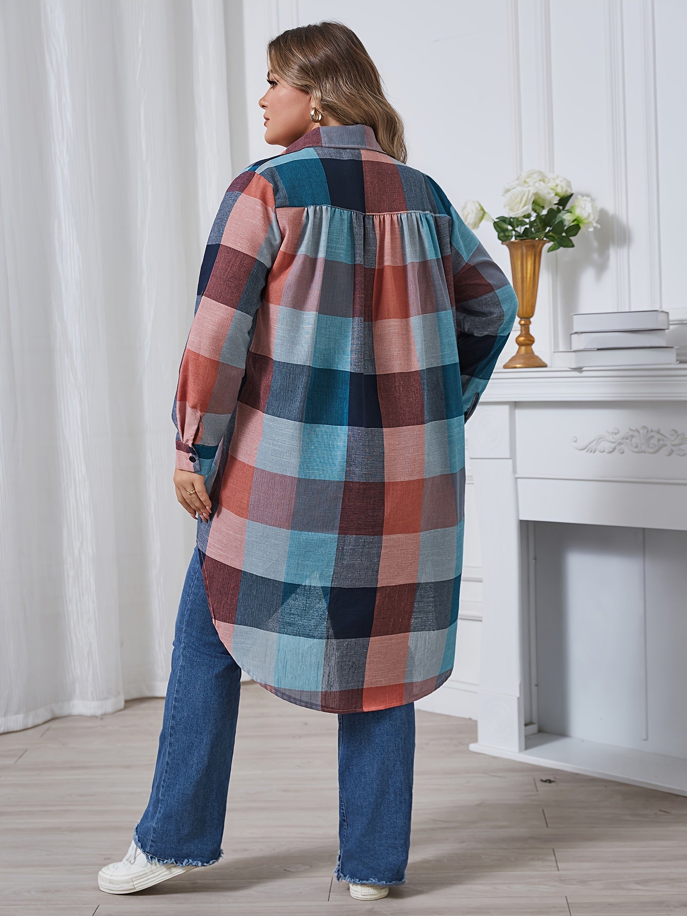 Plus Size Women's Casual Checkered Shirt Longline Button-Up Navy White Grid