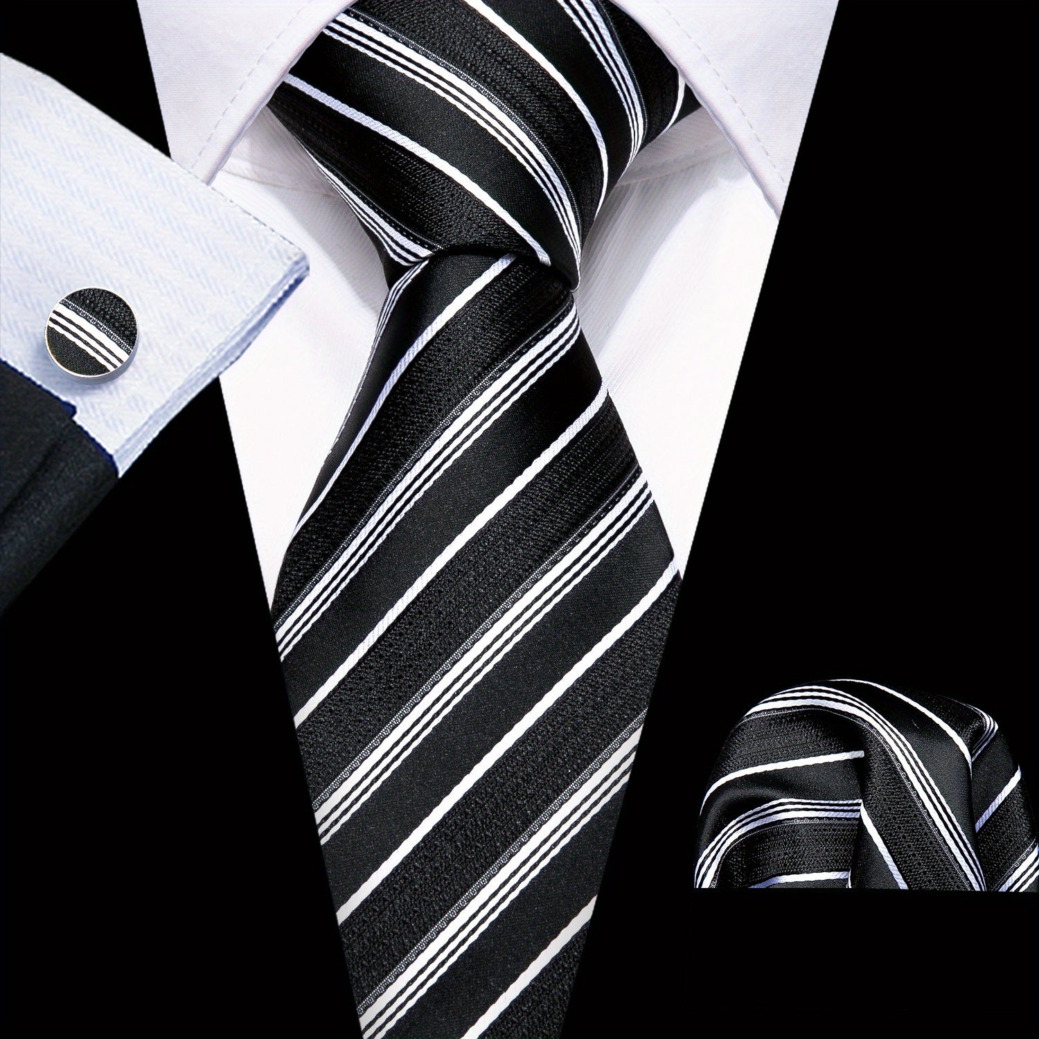Men's Classic Striped Tie Set with Matching Handkerchief and Cufflinks for Formal and Casual Wear