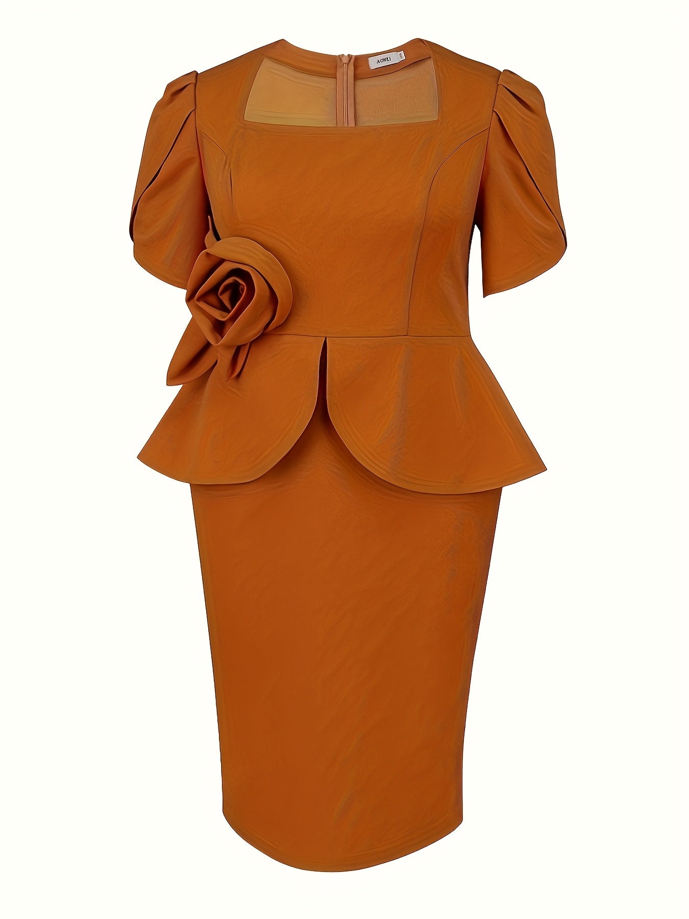 Women's Orange Bodycon Midi Dress for Party with Square Neck and Floral Applique