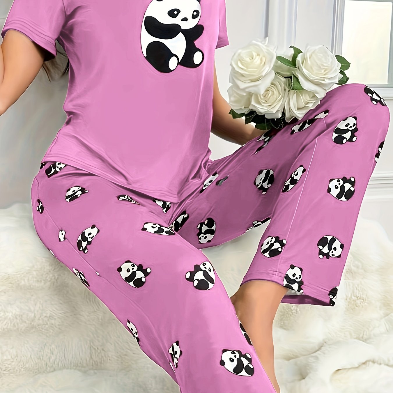 Adult Panda Print Pajama Set with Cartoon Pattern, 100% Polyester, Fall Casual Sleepwear