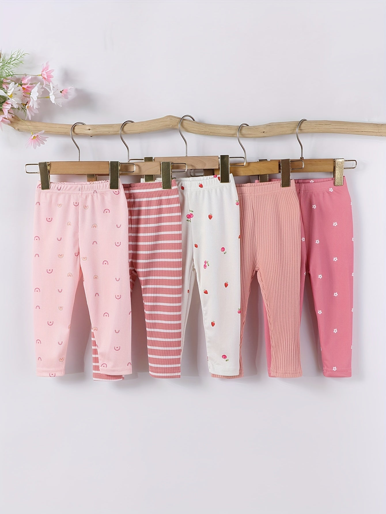 Girls Casual Trouser Set 5 Pieces Rainbow Flower Stripe Spring Summer Knitted Fabric