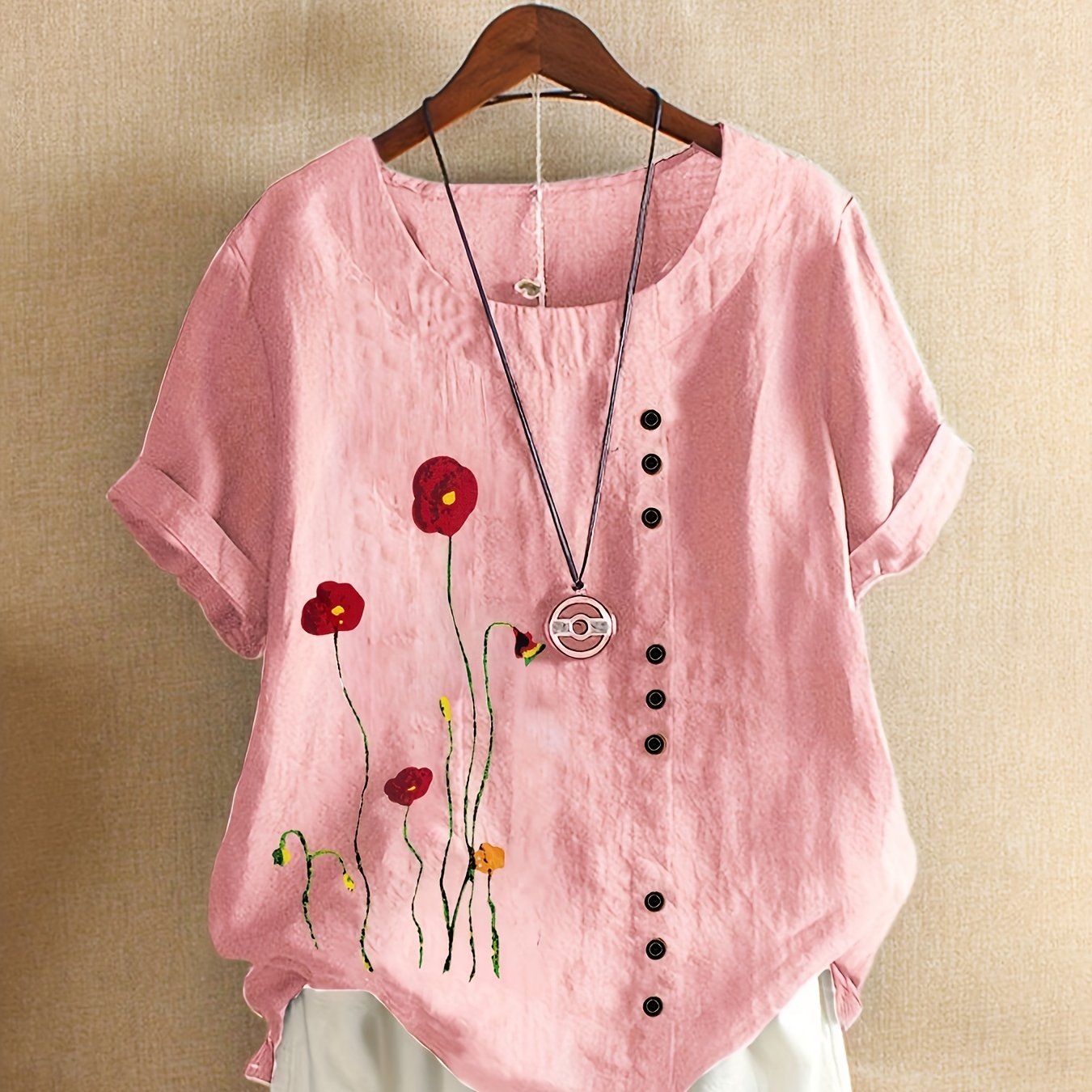 Plus Size Floral Print Blouse Soft Polyester Blend Short Sleeve Casual Top for Women