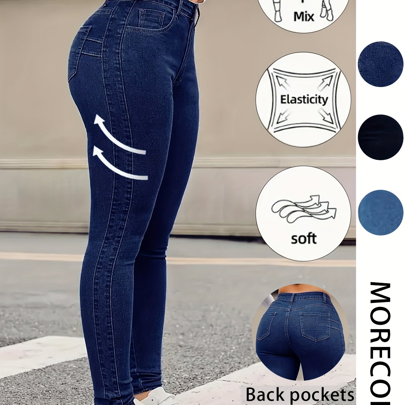Jeans ajustados elásticos de talla grande para mujer, color sólido, pantalones casuales
