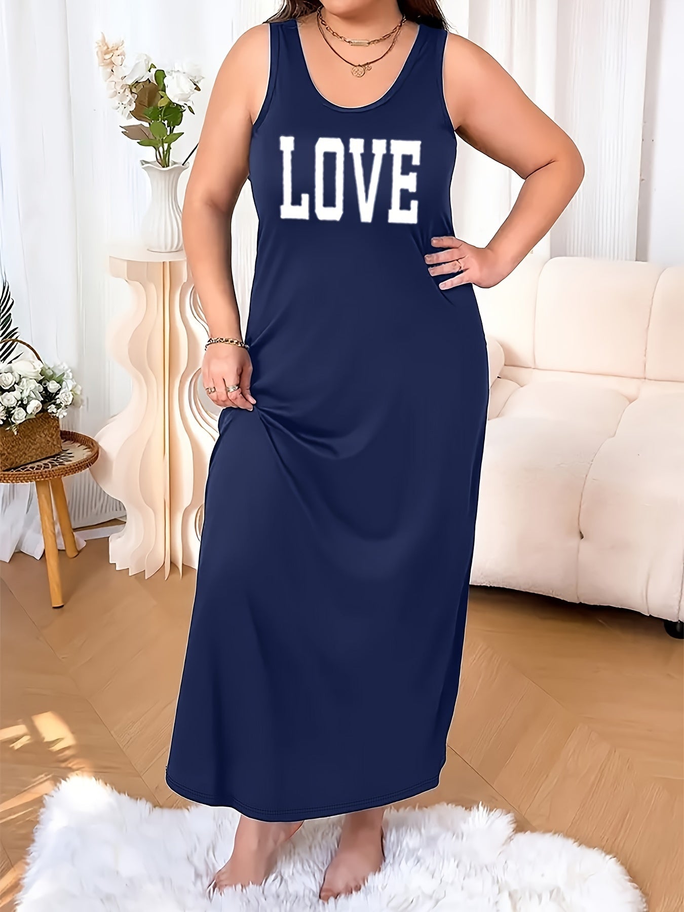 Plus Size Sleeveless Nightgown Maroon Love Letter Print Sleepwear for Women