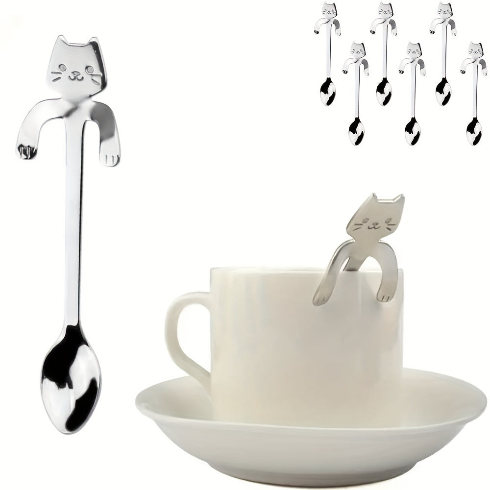 Set of 6 Cat-Shaped Stainless Steel Spoons for Coffee Tea Desserts