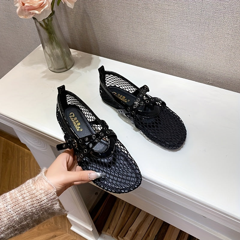 Women's Summer Mary Jane Flats Mesh Cross-Strap Solid Color Round Toe