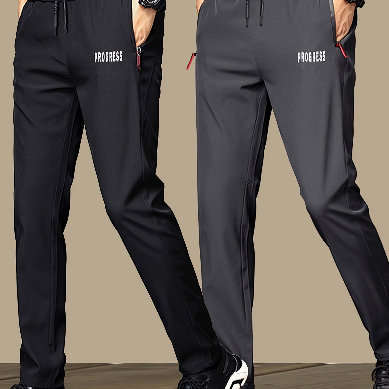 Men's Polyester Casual Joggers with Zipper Pockets Drawstring Waist in Black and Gray