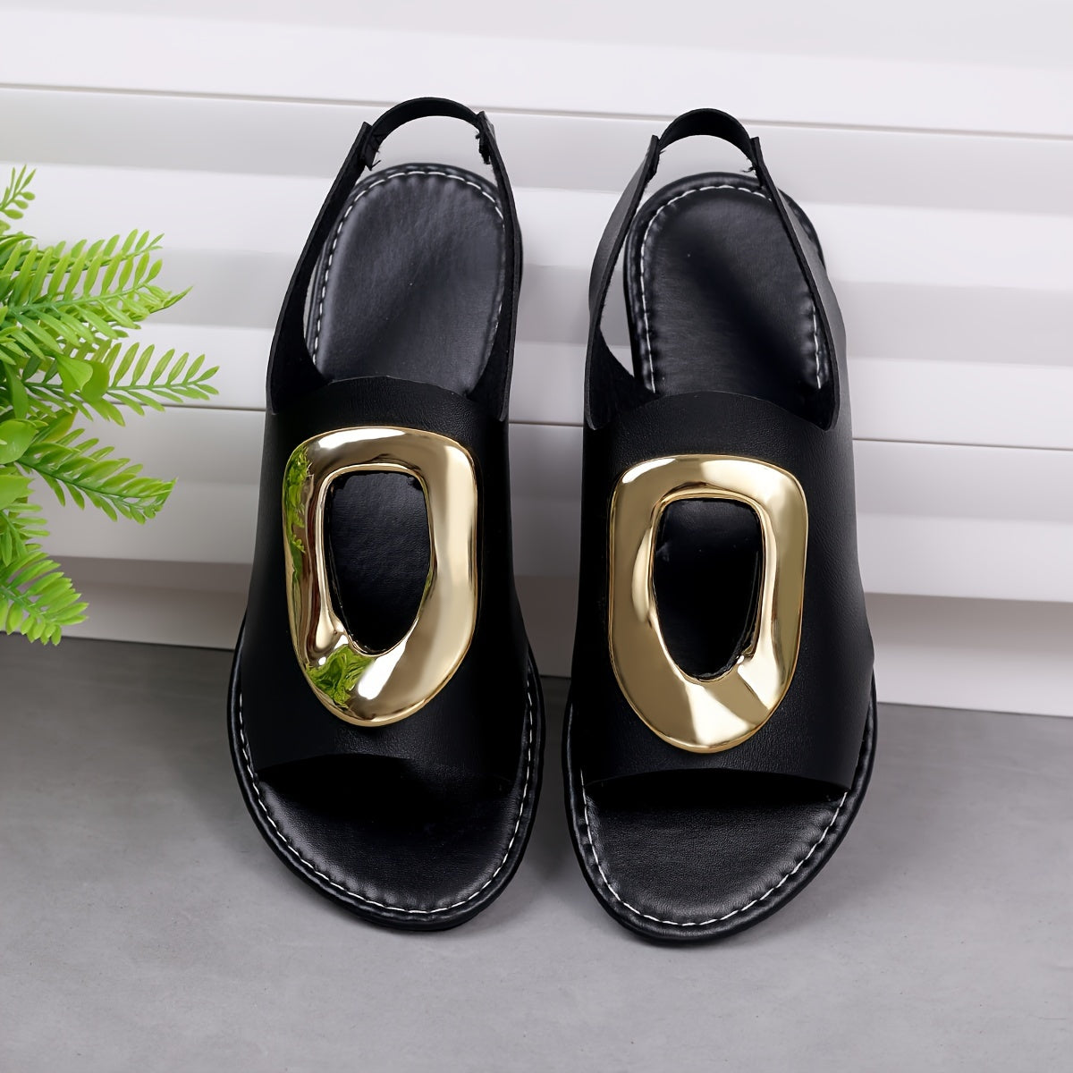 Women's Summer Sandals Open Toe Flat Heel Slip-On with Metallic Buckle