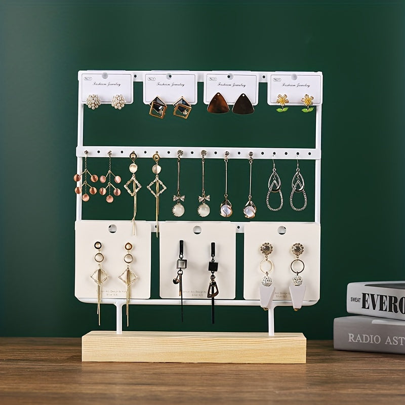 Metal Jewelry Storage Rack with Wooden Base for Earrings Organization