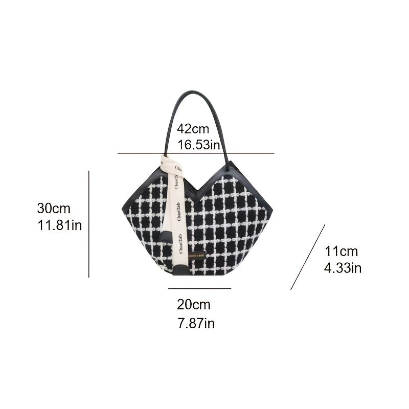 Black Plaid Tote Bag for Women with Zipper Closure and Matching Strap