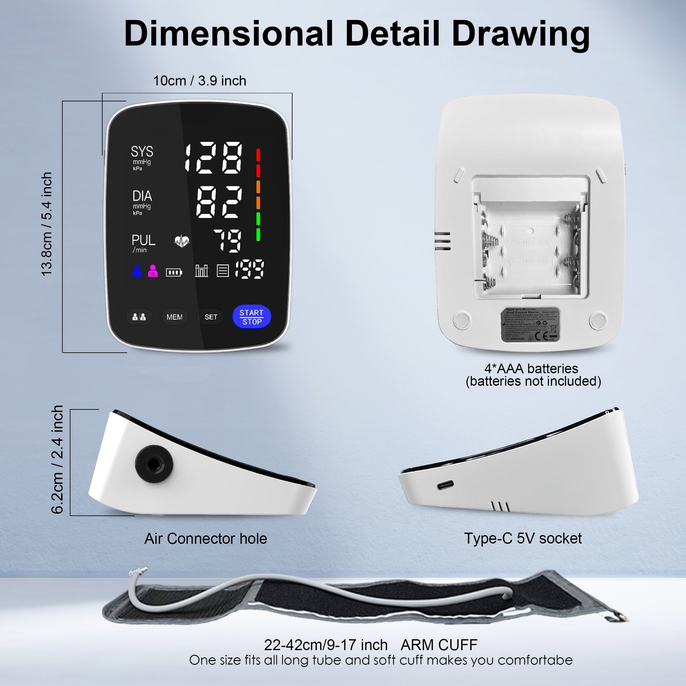 High-End LED Curved Screen Blood Pressure Monitor with Memory and Automatic Cuff
