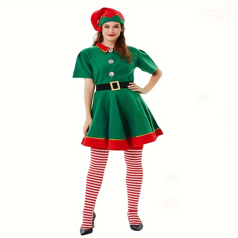 Women's Christmas Elf Costume Set Includes Dress Hat Socks Belt Holiday Party Wear