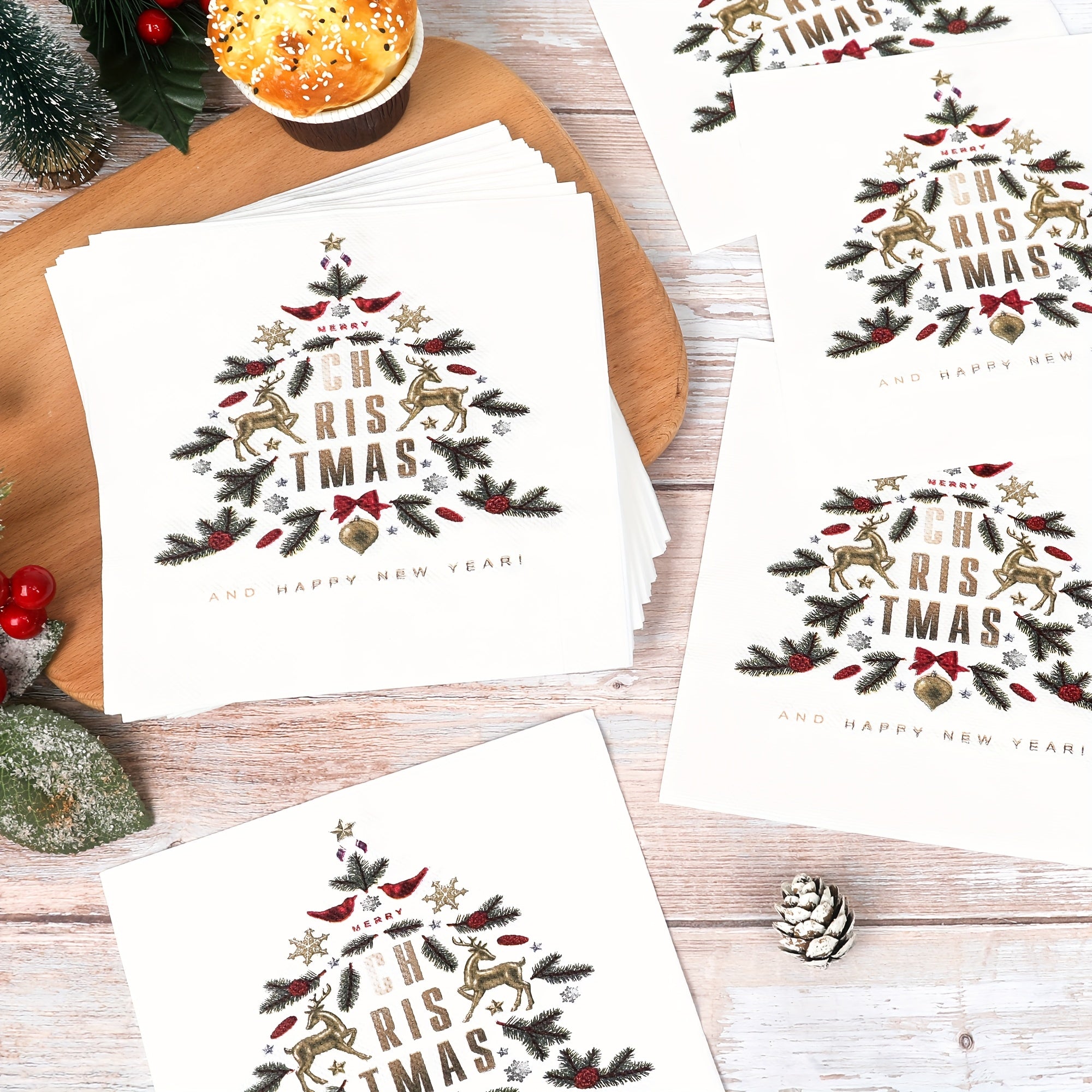 Bayram tadbirlari uchun 50 dona paketda foydalaniladigan 2 qatlamli Yangi yil daraxti dizayni salfetkalar