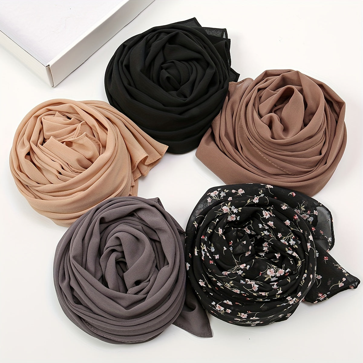 Set of 5 Elegant Chiffon Hijabs with Faux Pearl Pins for Valentine's and Mother's Day