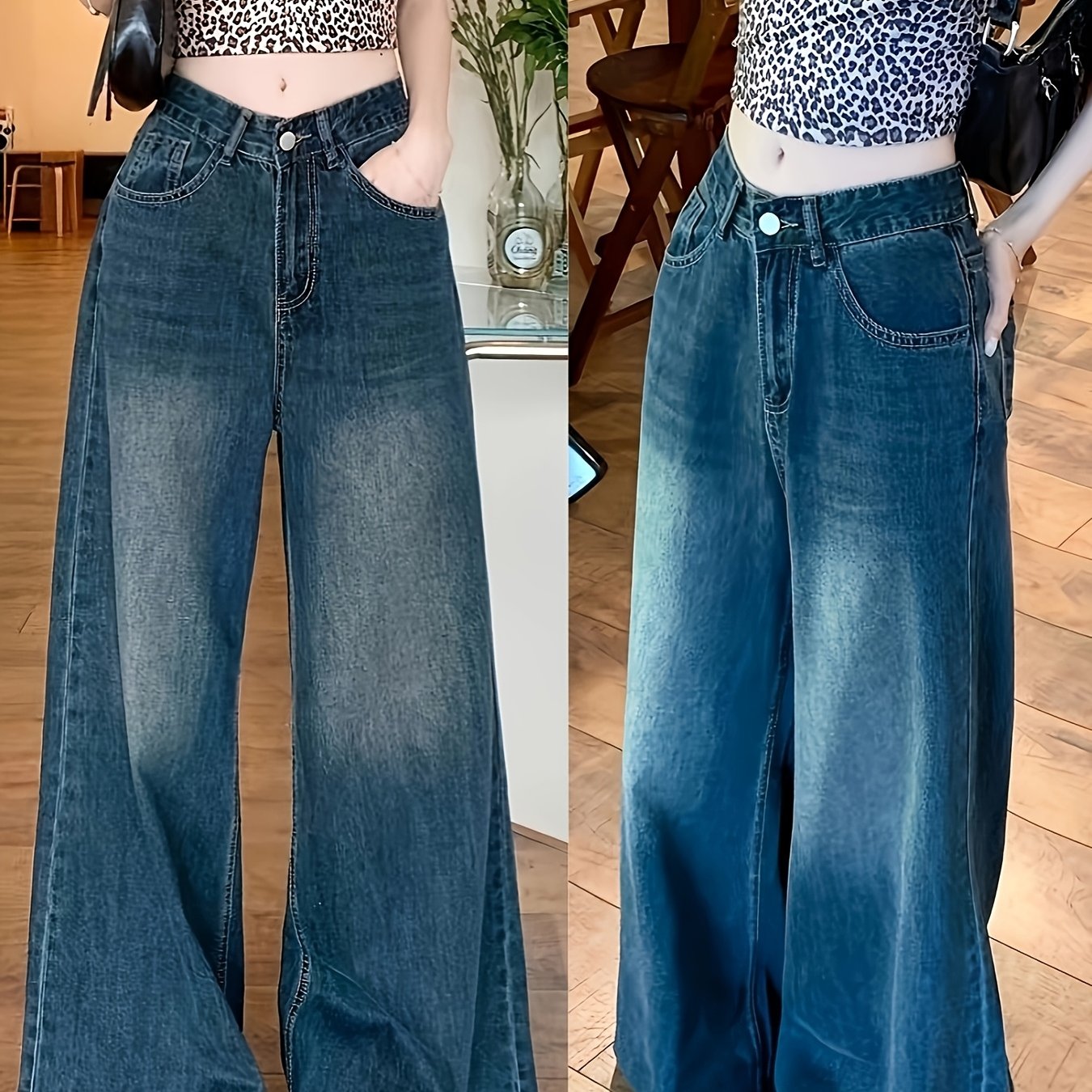 Plus Size High-Waist Wide-Leg Denim Jeans for Women Black Gray Frayed Hem