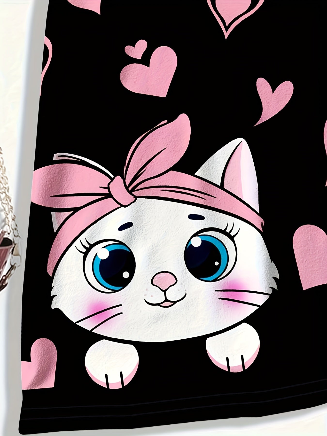 2-Piece Cartoon Cat and Heart Print Casual Outfit Set for Kids Autumn Polyester Knit