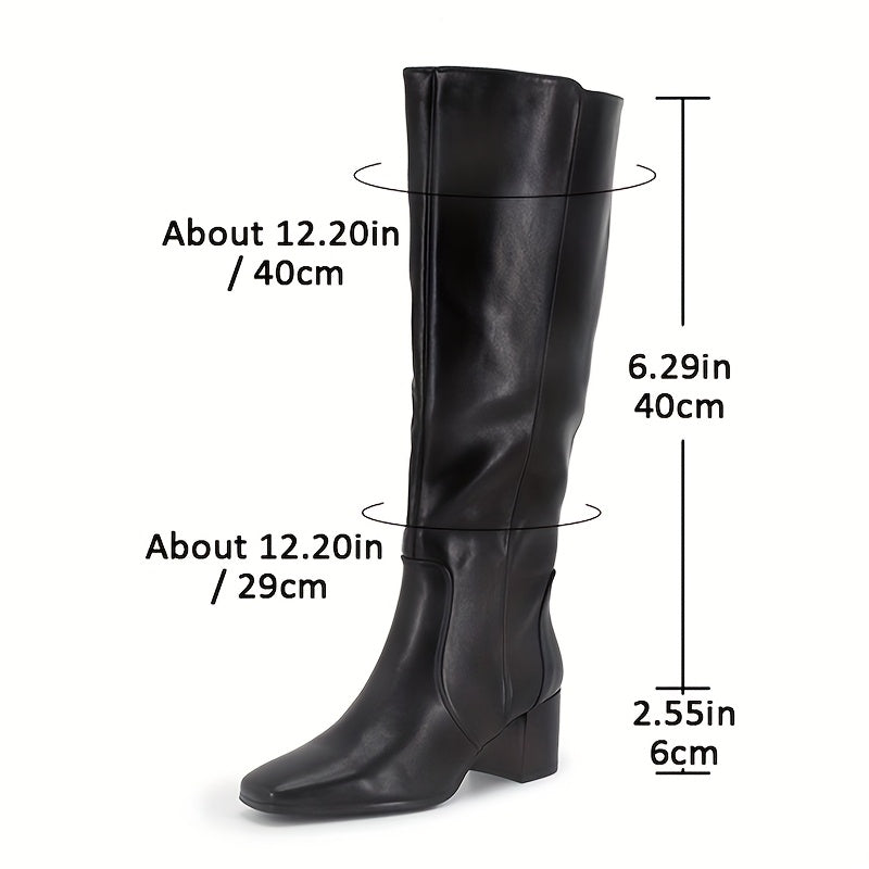 Women's Black Faux Cover Knee-High Boots with Chunky Heel and Zipper