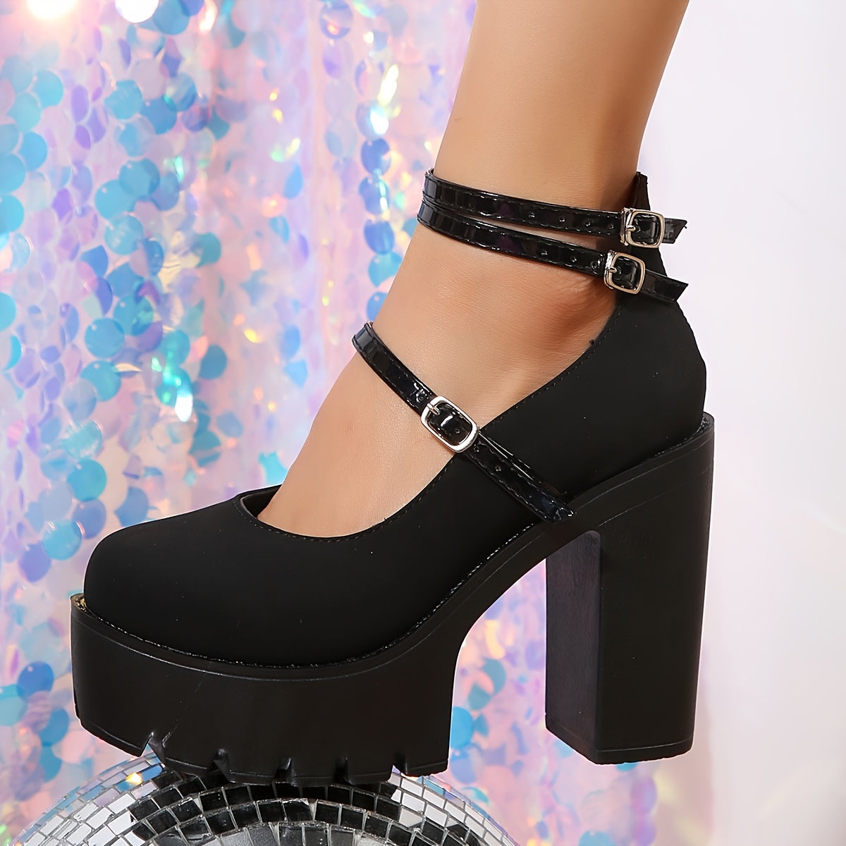 Women's Black Block Heel Pumps with Ankle Strap and Fabric Lining