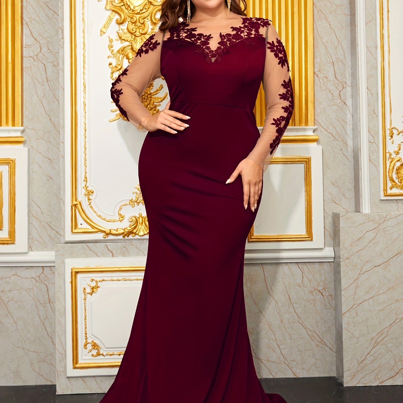 Plus Size Womens Fish Tail Evening Dress with Lace Flowers Long Sleeves