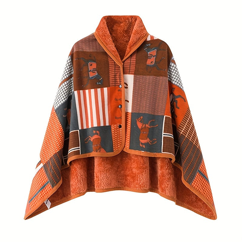 Reversible Plaid Wool Shawl for Women Thick Cozy Winter Wrap with Button Closure