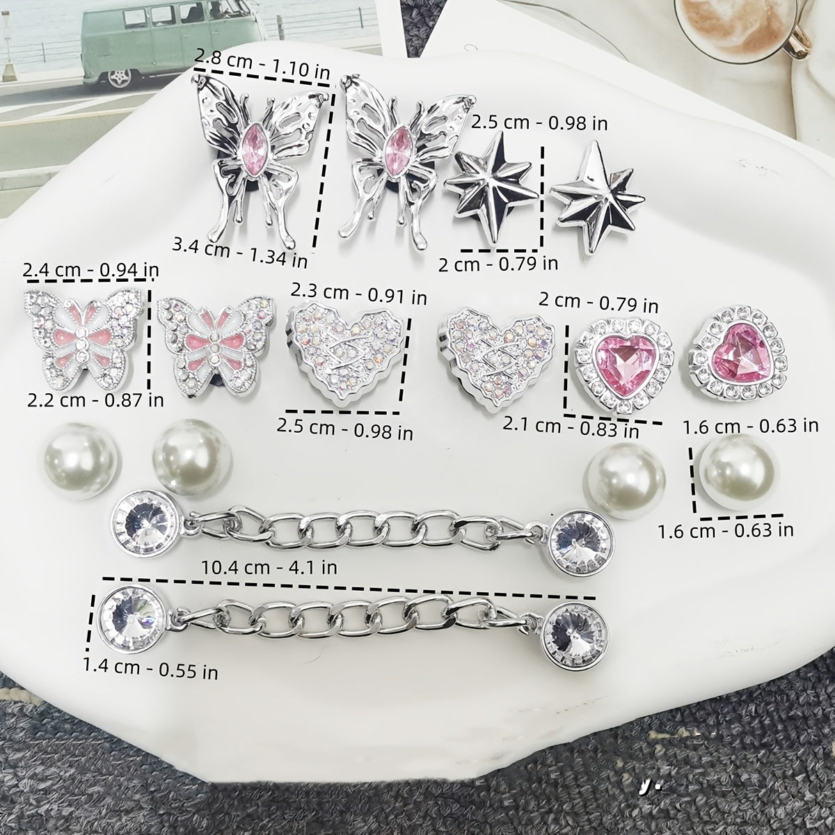 Women Bling Starburst Chain Shoe Charms Rhinestone Colorful Butterfly Heart Accessories