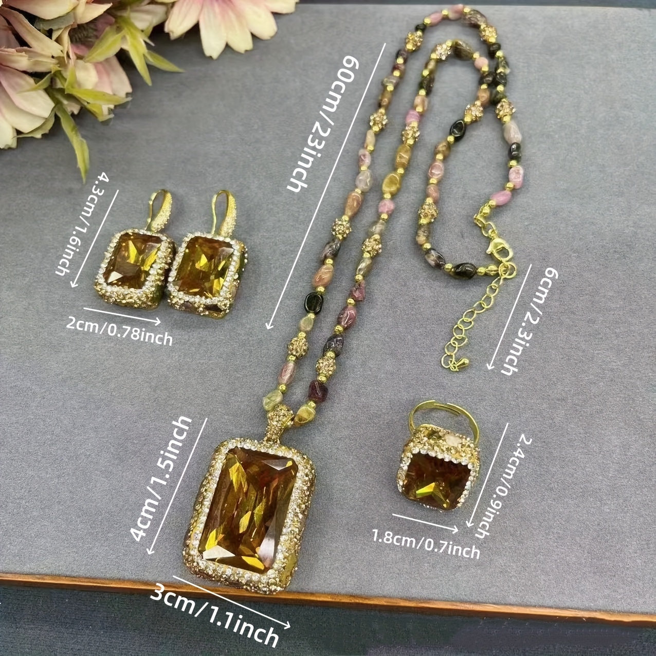 Boho-Chic Jewelry Set with Color-Shifting Turkish and Sudanese Stones Necklace Earrings Ring