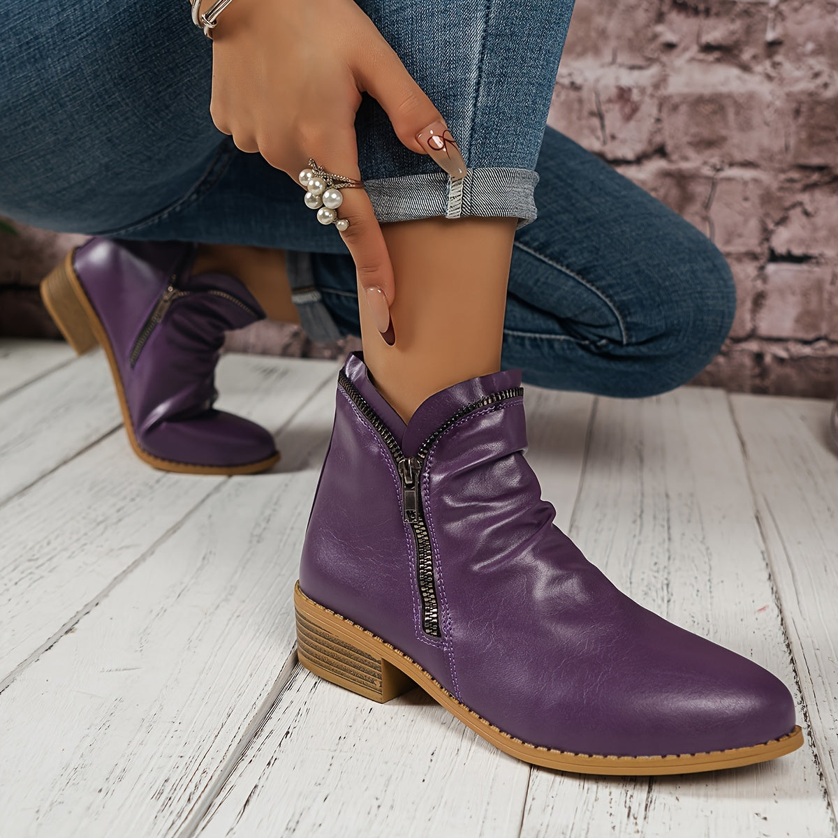 Women's Purple Ankle Boots with Side Zippers Chunky Heel All Seasons