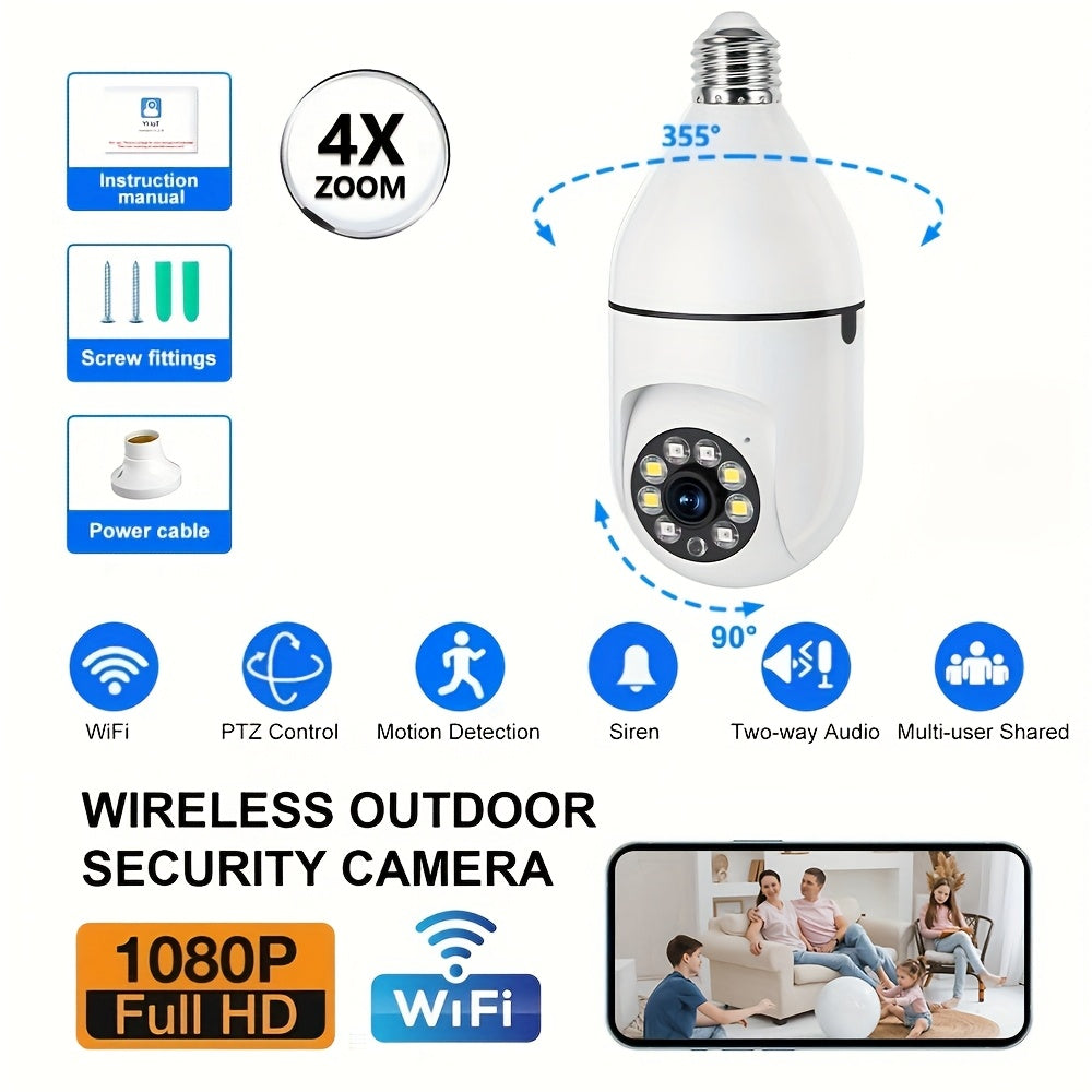 Wireless 1080P Light Bulb Camera Indoor Outdoor WiFi Pan Tilt AI Motion Audio