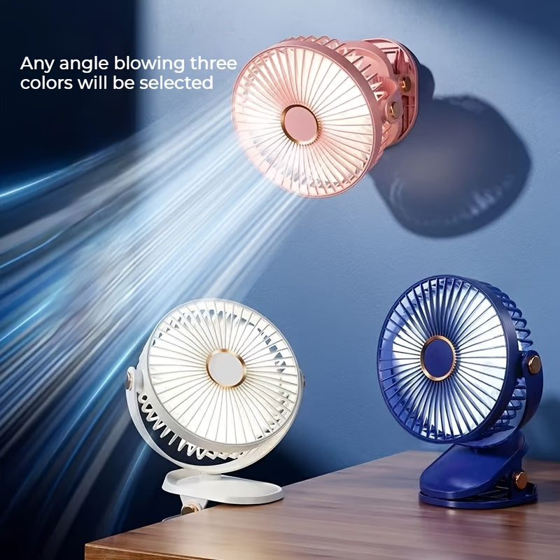 6-Inch Portable Clip-On Desk Fan with LED Night Light USB Rechargeable 5-Speed White